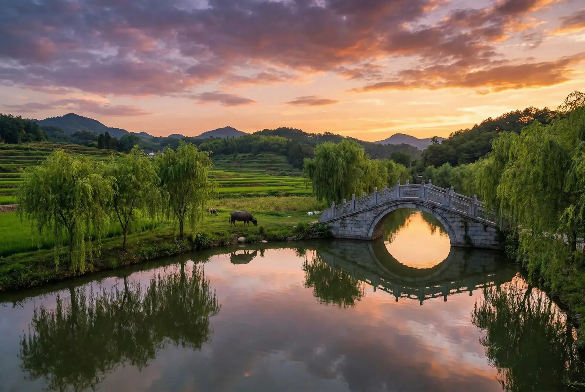 夕阳下的石拱桥与垂柳，水牛在河边吃草 - 年轻的朋友4完整版在线观看 乡村美景